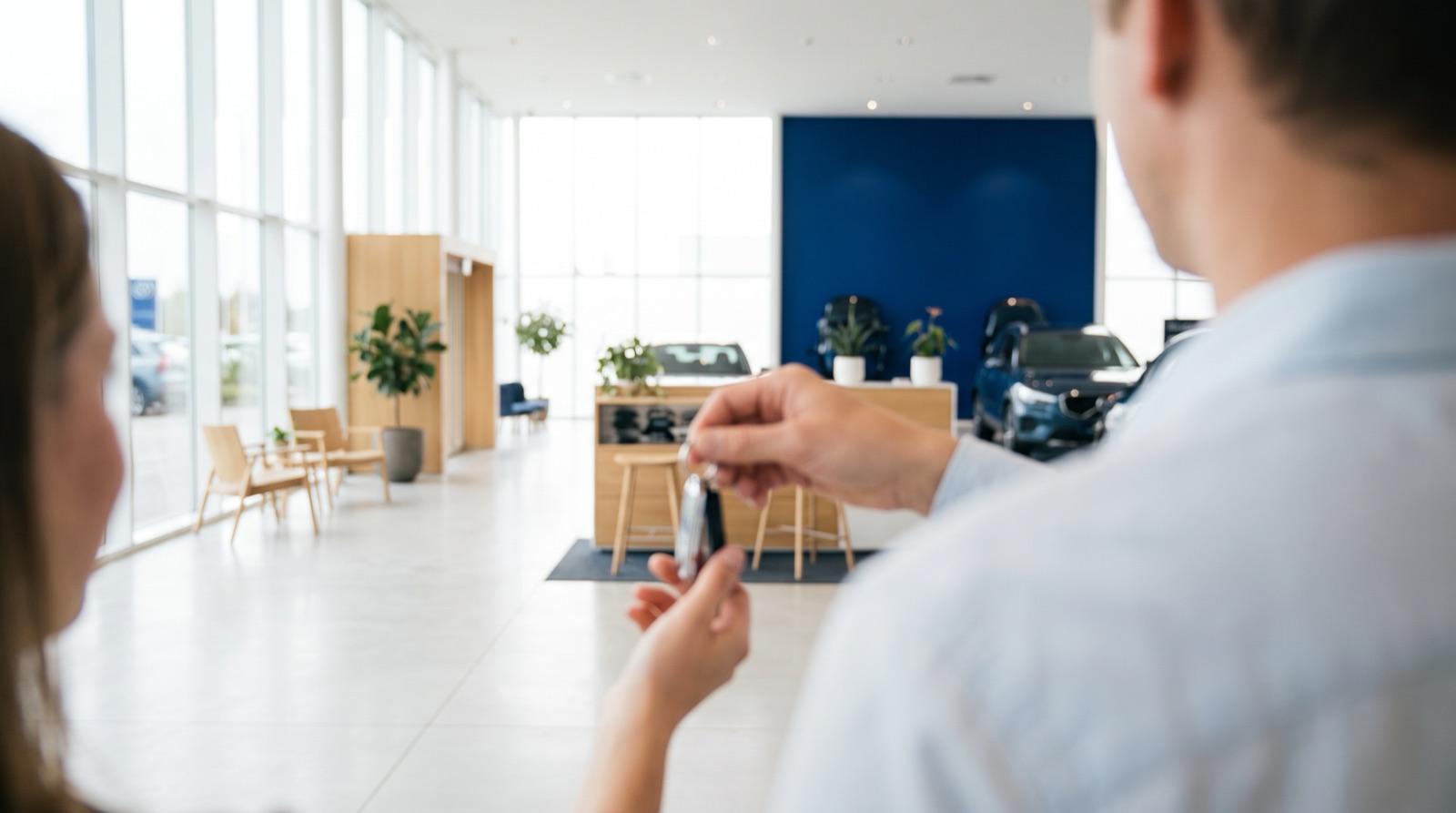 Representative indoor vehicle-handover scene with car keys being passed to a buyer; brand imagery only, not a GACS premises.